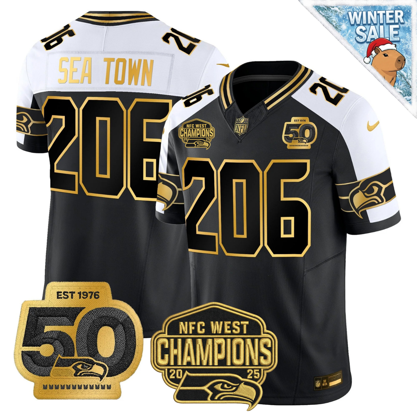SEA 50th & NFC West Champions Patch Patch Gold Vapor Limited Jersey - Stitched