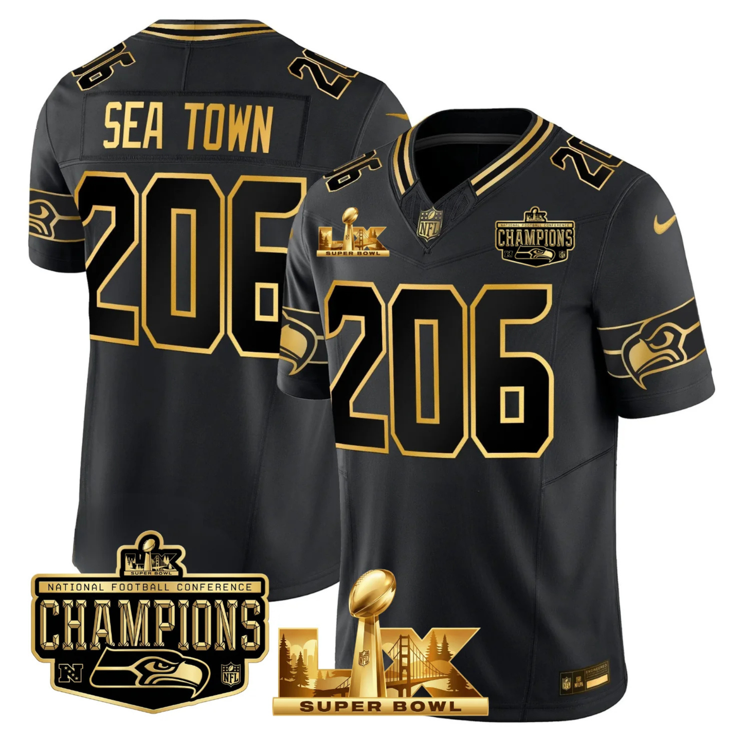 SEA NFC Champs & S.B LX Patch Gold Vapor Limited Jersey - All Stitched
