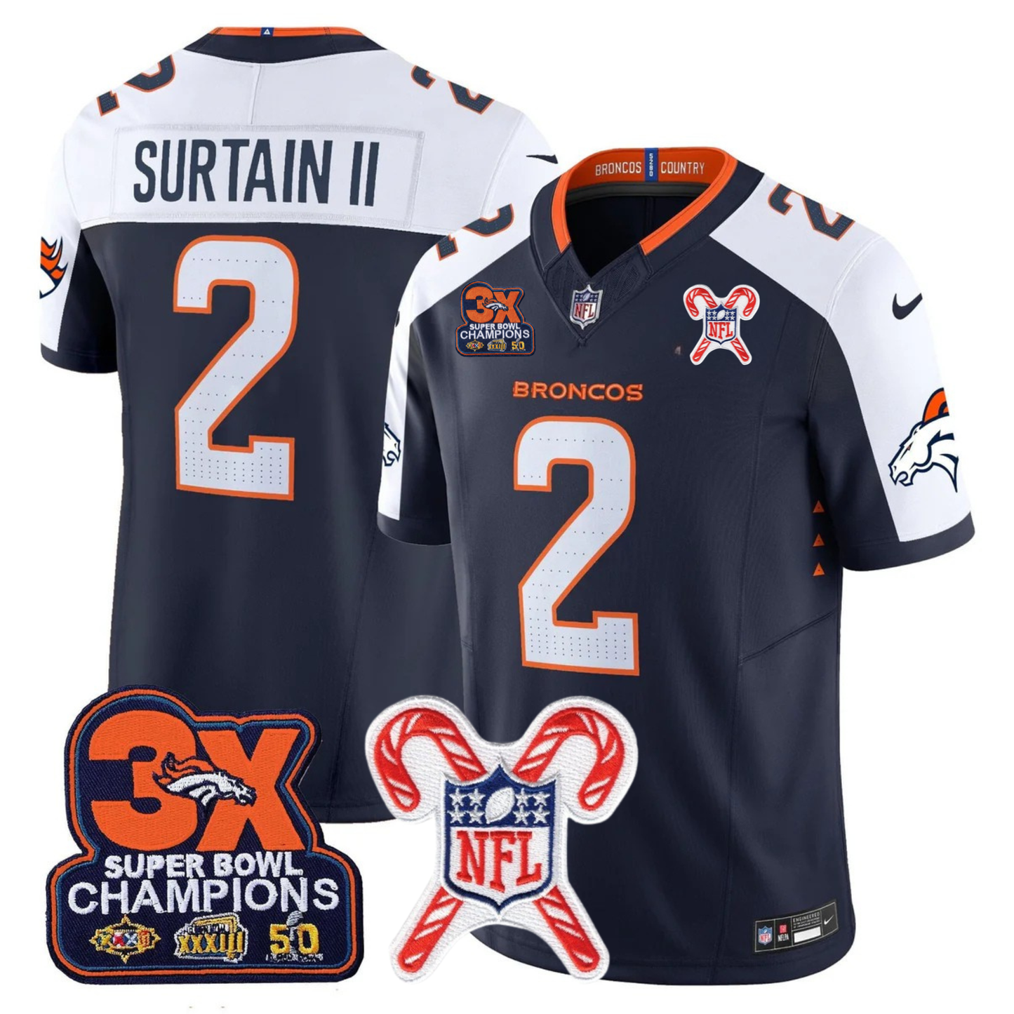 DEN 3-Time Champions & Christmas Patch Vapor Limited Jersey - All Stitched