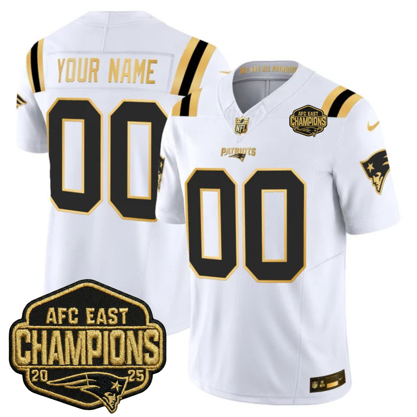 NE 2025 AFC East Champions Gold Vapor Limited Custom Jersey - All Stitched