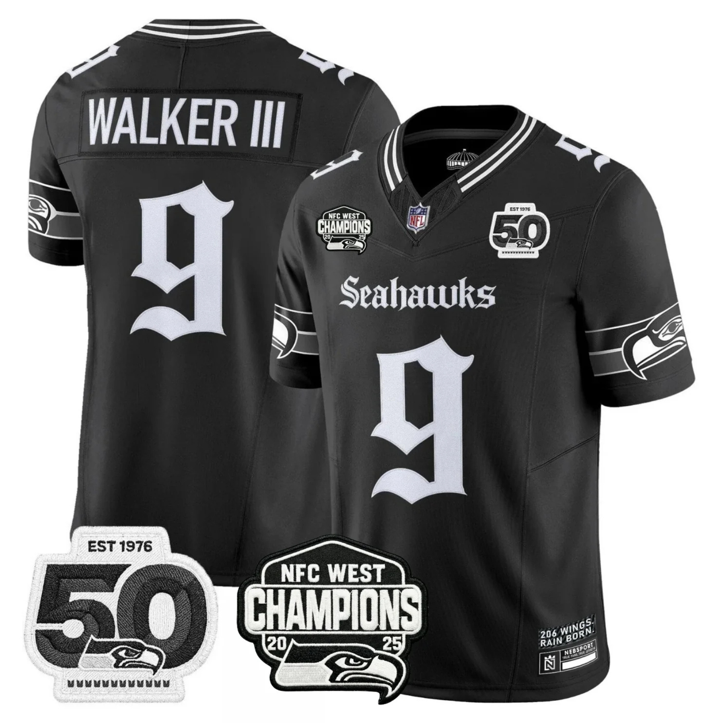 Seattle Seahawks 50th & NFC West Champions Patch Gothic Edition Jersey - Stitched