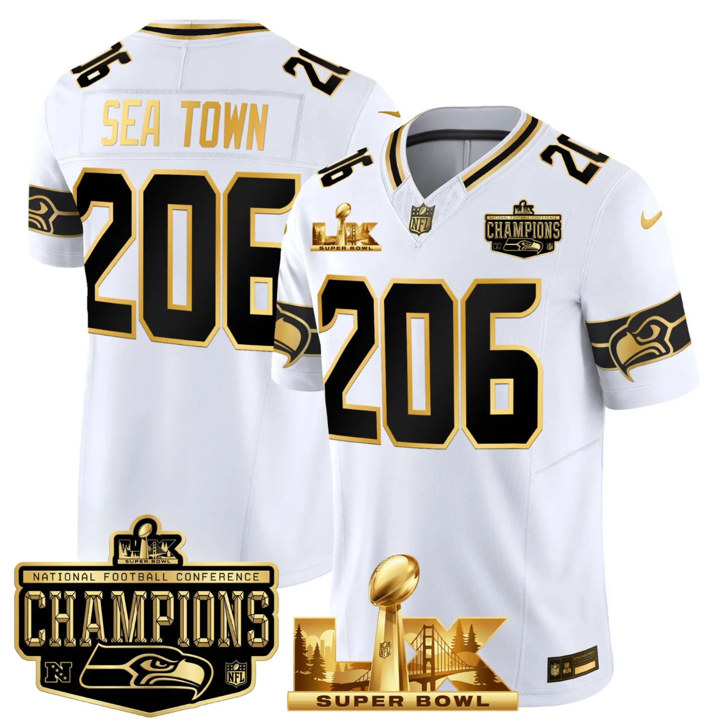 SEA NFC Champs & S.B LX Patch Gold Vapor Limited Jersey - All Stitched