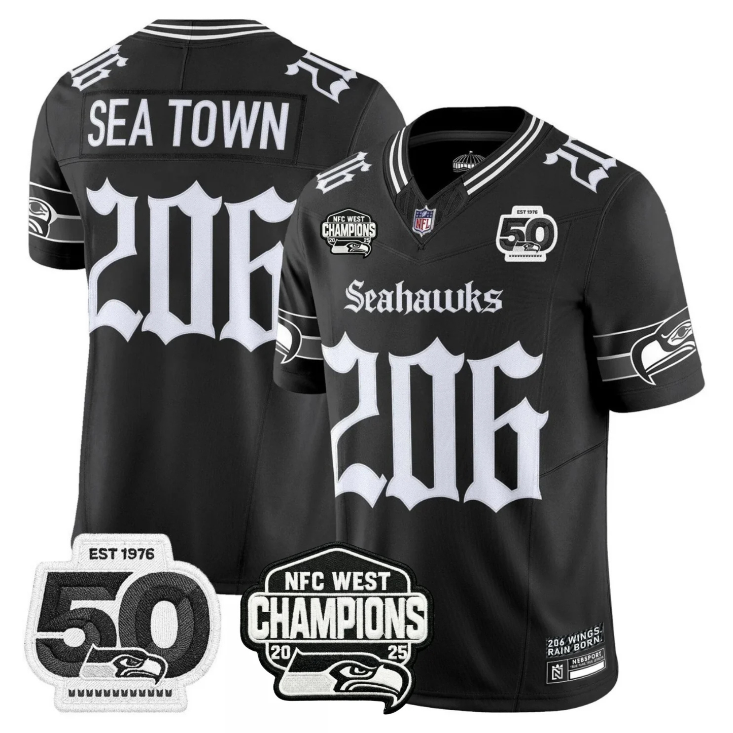 Seattle Seahawks 50th & NFC West Champions Patch Gothic Edition Jersey - Stitched