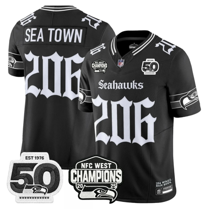 Seattle Seahawks 50th & NFC West Champions Patch Gothic Edition Jersey - Stitched