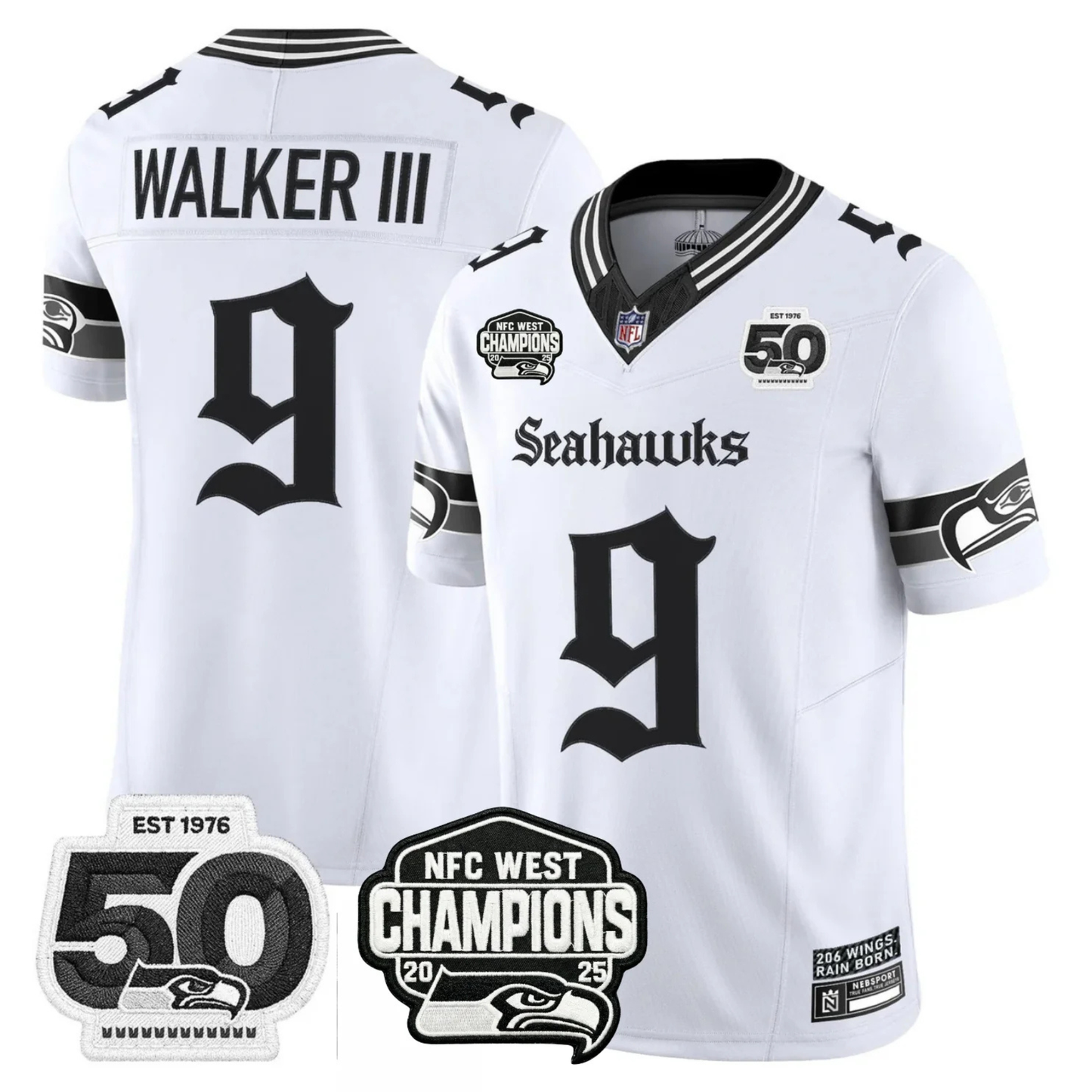 Seattle Seahawks 50th & NFC West Champions Patch Gothic Edition Jersey - Stitched