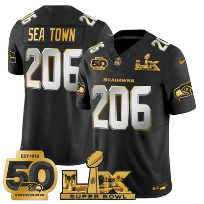 SEA "Super Bowl LX & 50th Patch" Gold Vapor Jersey - Stitched