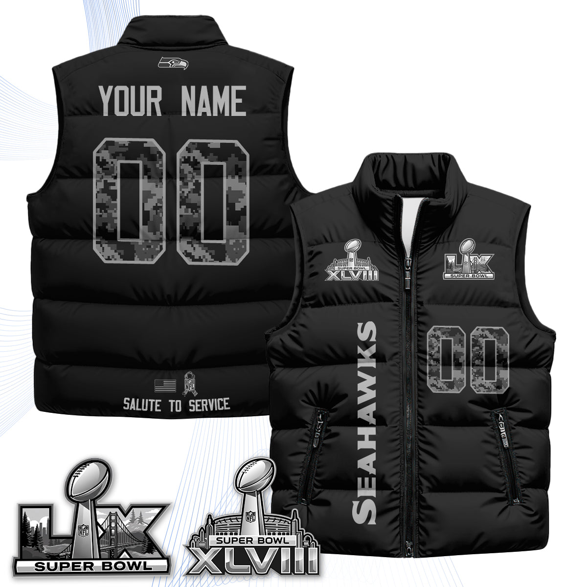 Seattle Seahawks 2026 Salute to Service Custom Puffer Vest - Printed