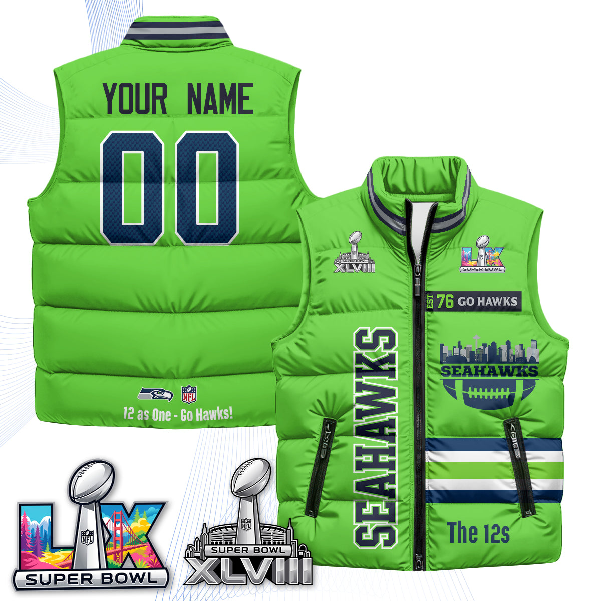 Seattle Seahawks "Go Hawks" Edition Custom Puffer Vest - Printed