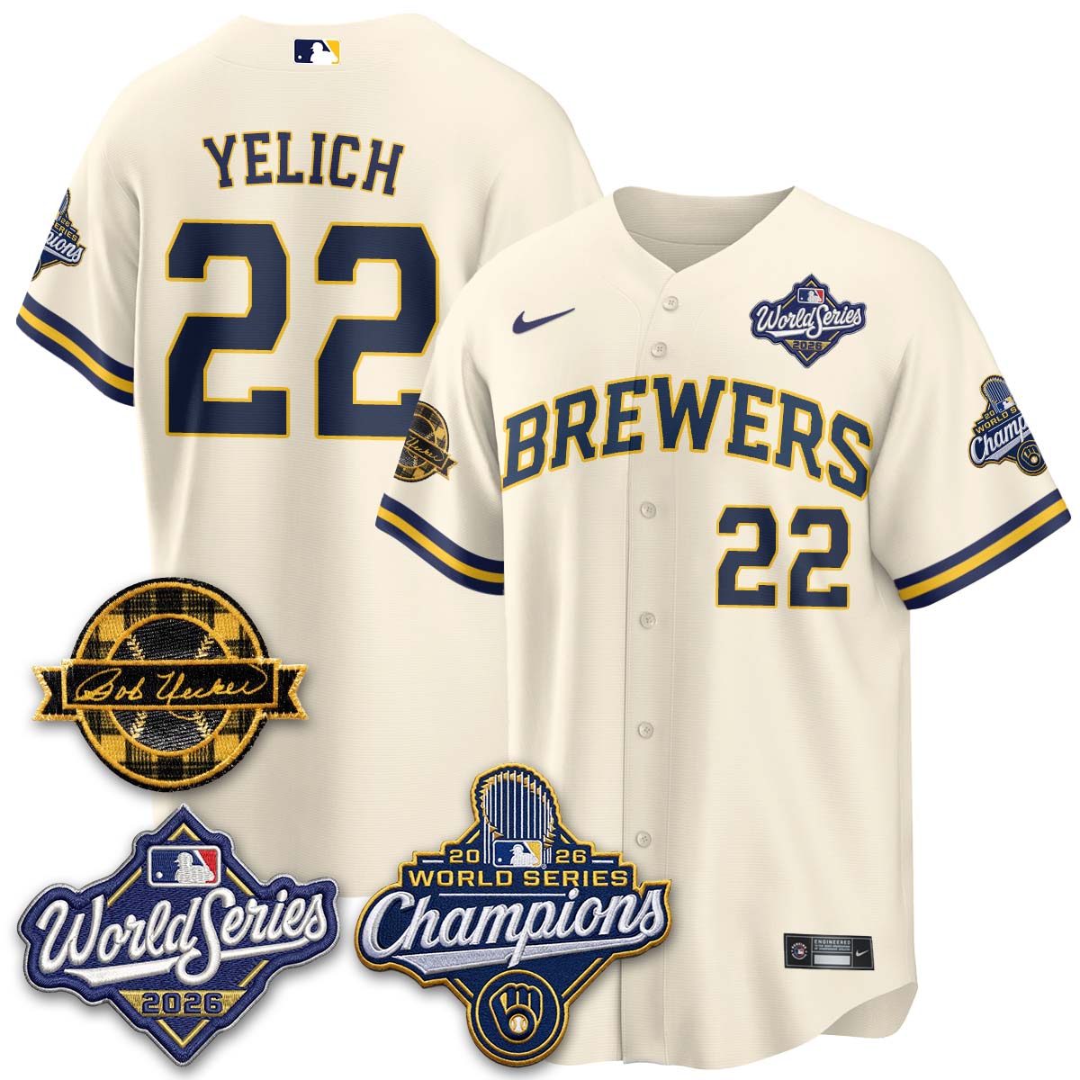 MIL 2026 WS Champions - Bob Uecker Patch Cream Jersey - Stitched (#24)