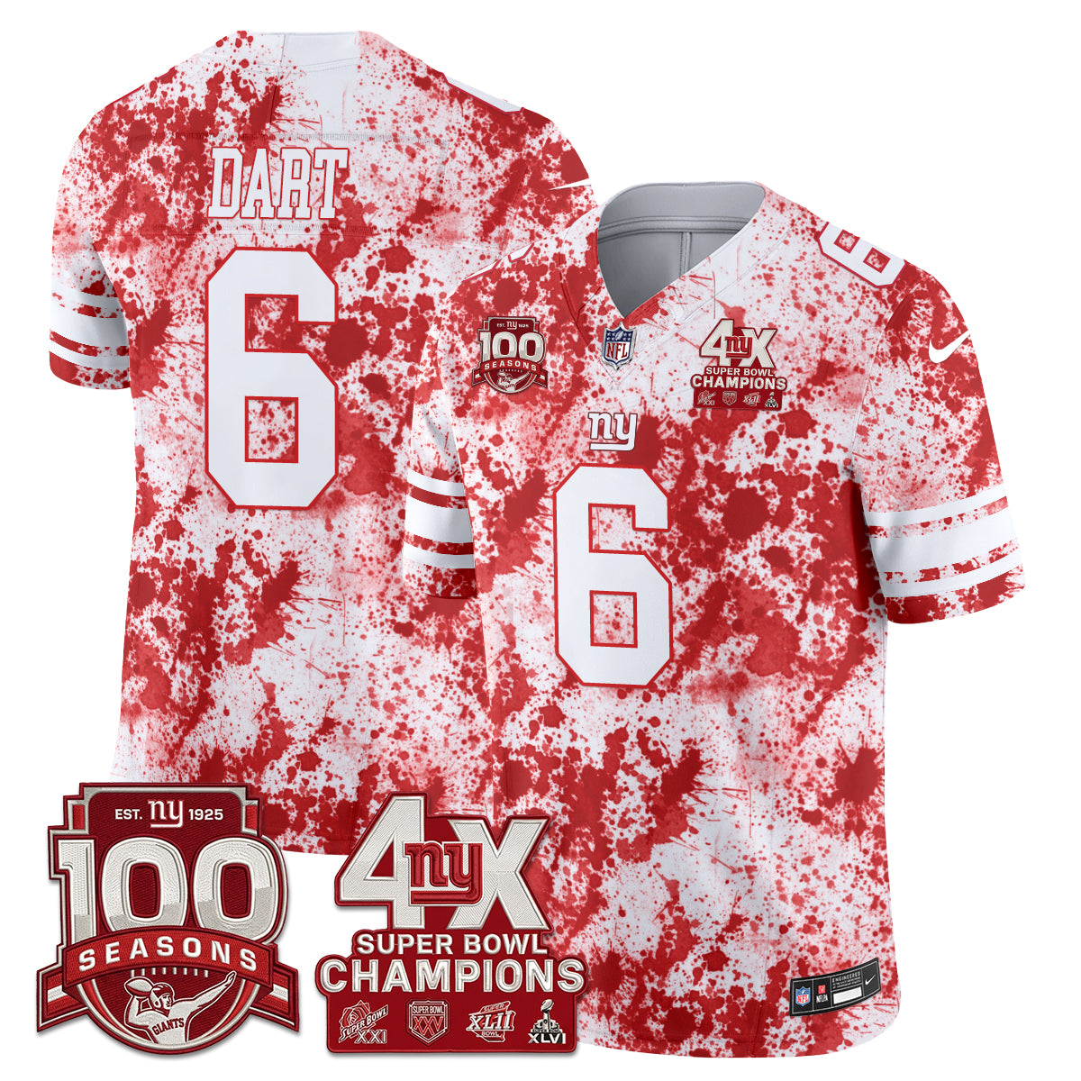 New York Giants 4X Champs Blood Splash Edition Vapor Jersey - Stitched