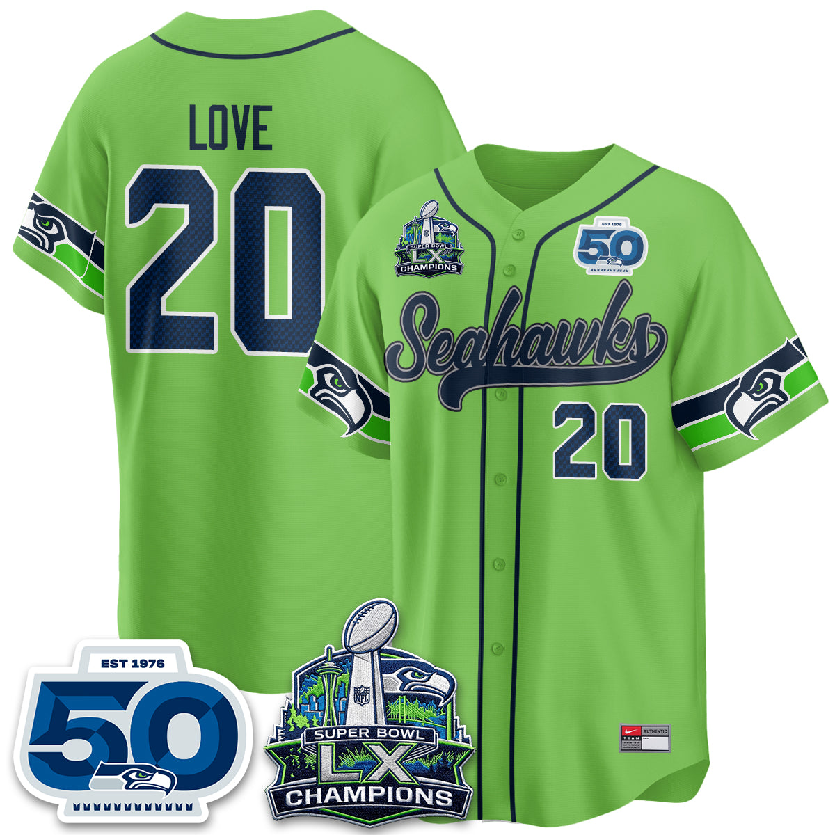 Seattle Seahawks SB LX Champs Vapor Baseball Jersey - Stitch