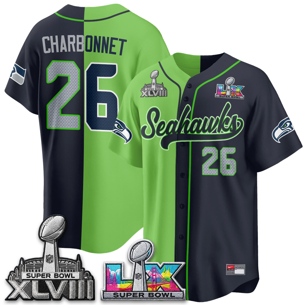 Seattle Seahawks S.Bowl Champs Split Baseball Vapor Jersey V2- Stitched