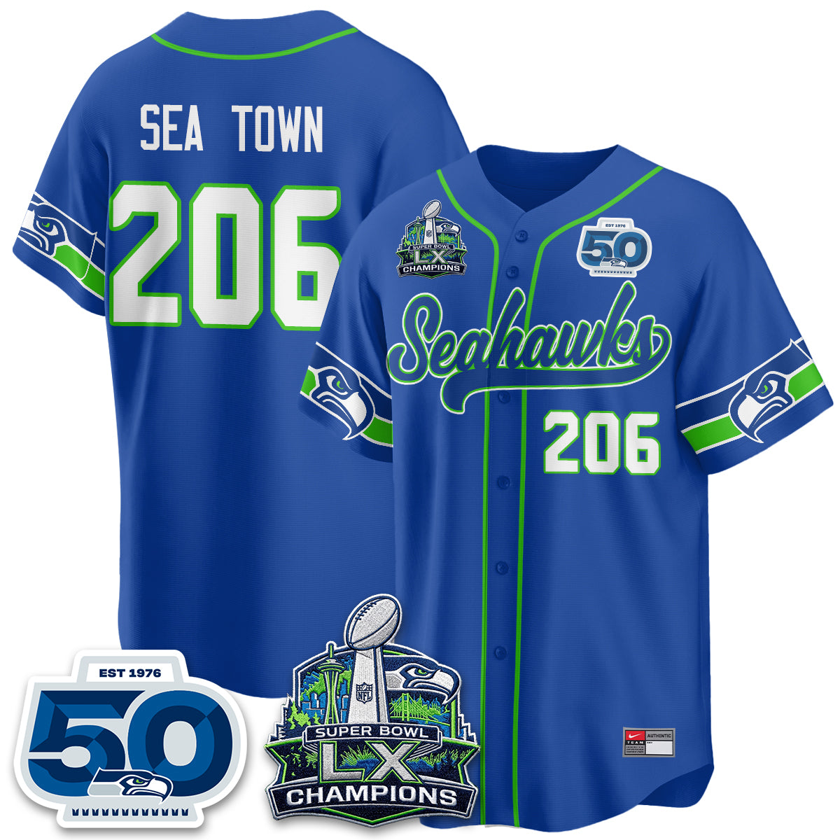 Seattle Seahawks SB LX Champs Vapor Baseball Jersey - Stitch