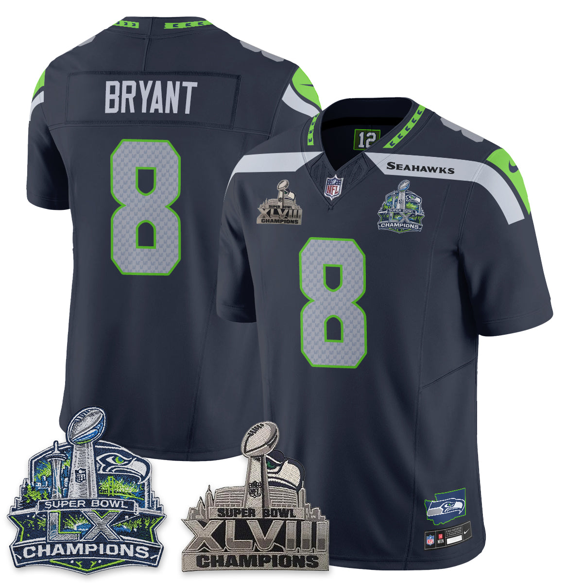 SEA S.Bowl Champions Patch Vapor Jersey - Stitched