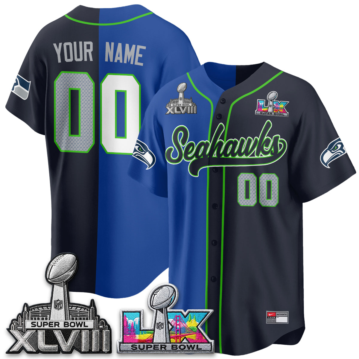 Seattle Seahawks S.Bowl Champs Split Baseball Custom Jersey V2- Stitched