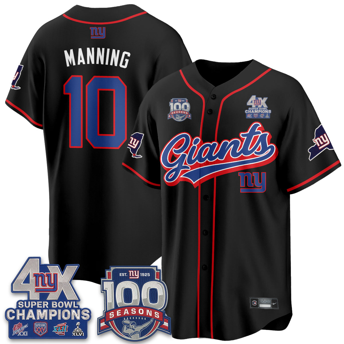 New York Giants 4X Champs & 100 Anniversary Vapor Baseball Jersey V2- Stitched