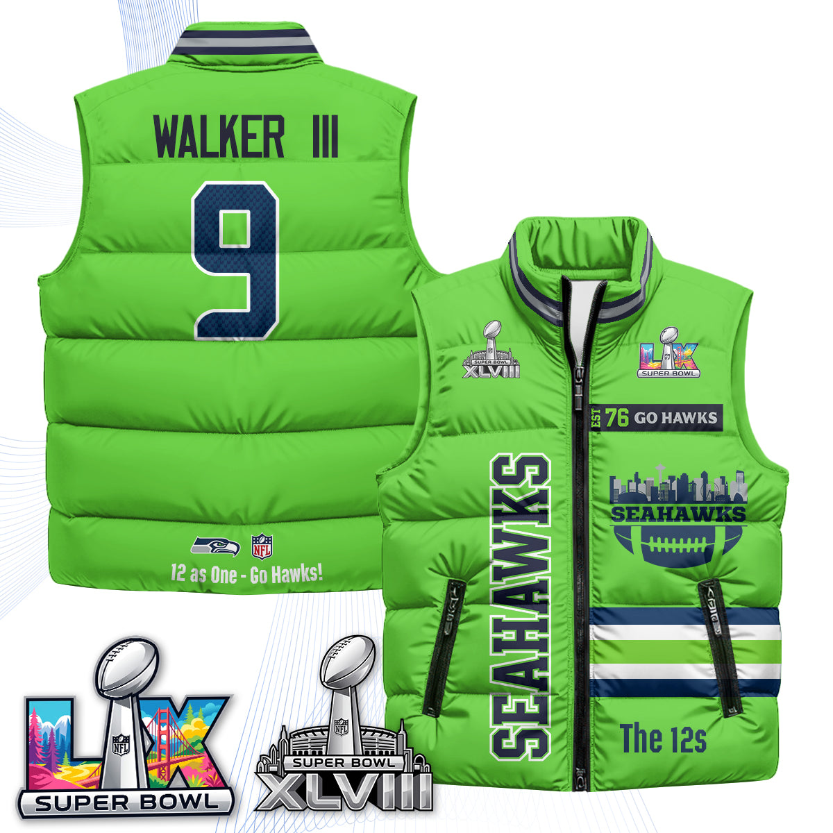 Seattle Seahawks "Go Hawks" Edition Puffer Vest - Printed