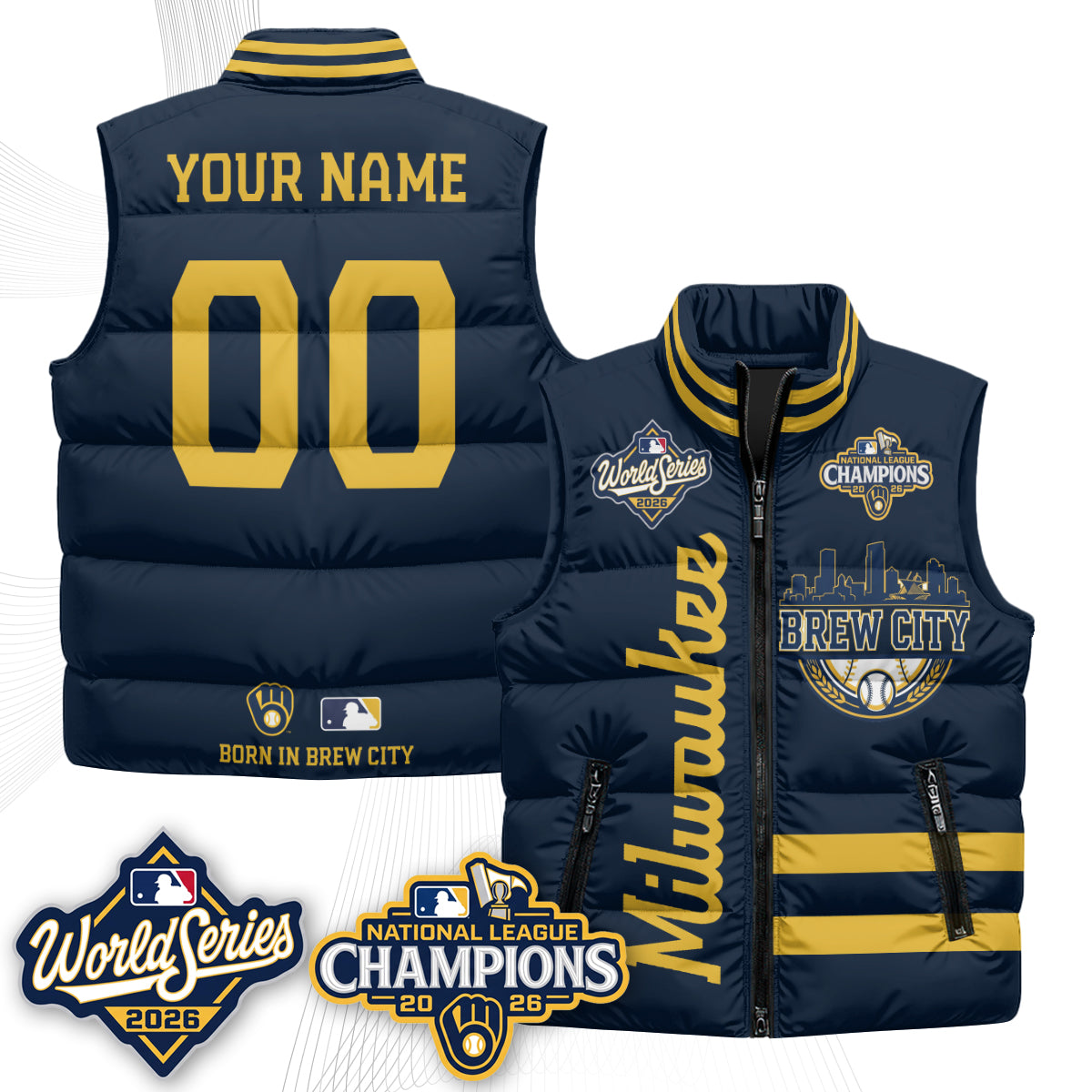 Milwaukee Brewers 2026 NL Champions Custom Puffer Vest - Printed