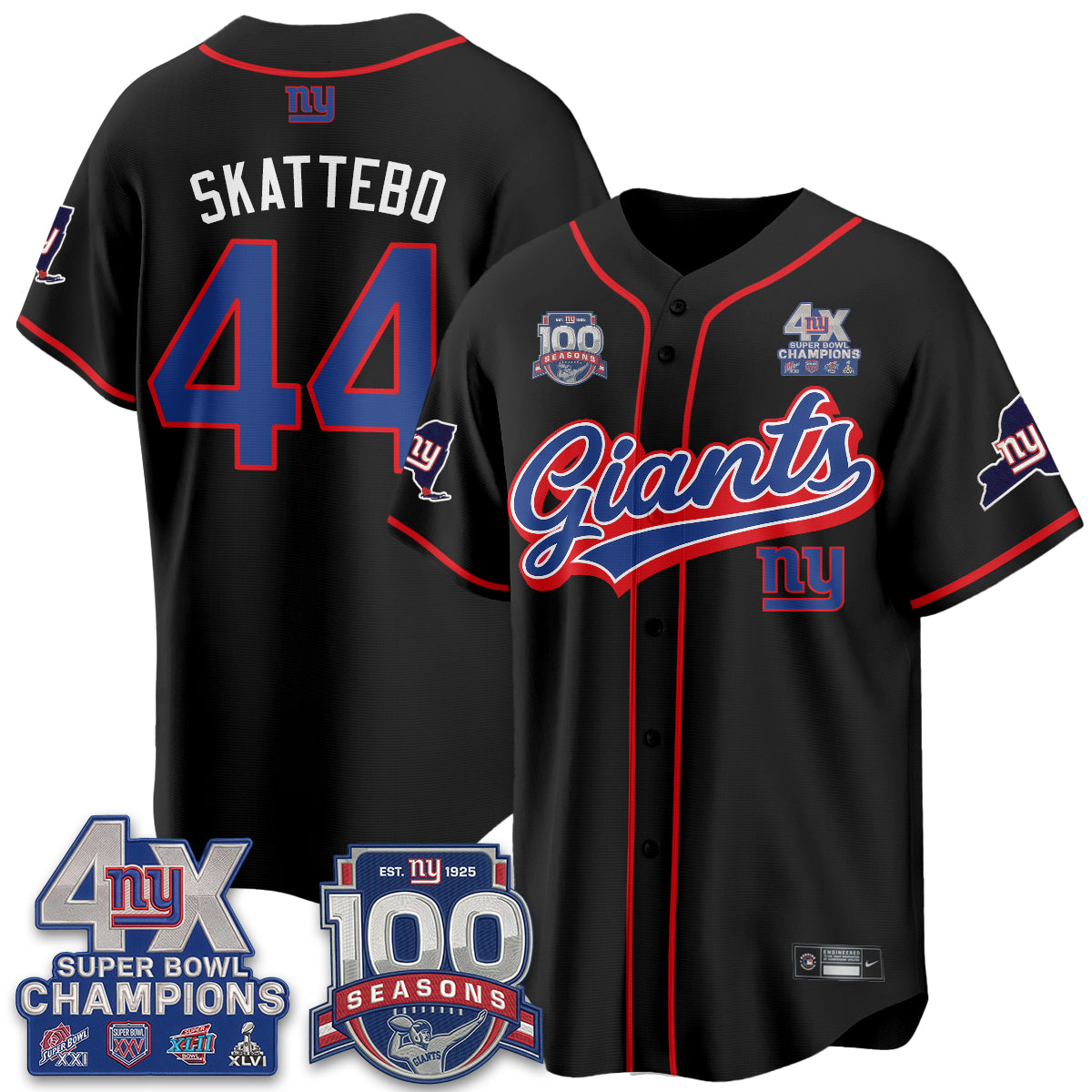 New York Giants 4X Champs & 100 Anniversary Vapor Baseball Jersey V2- Stitched