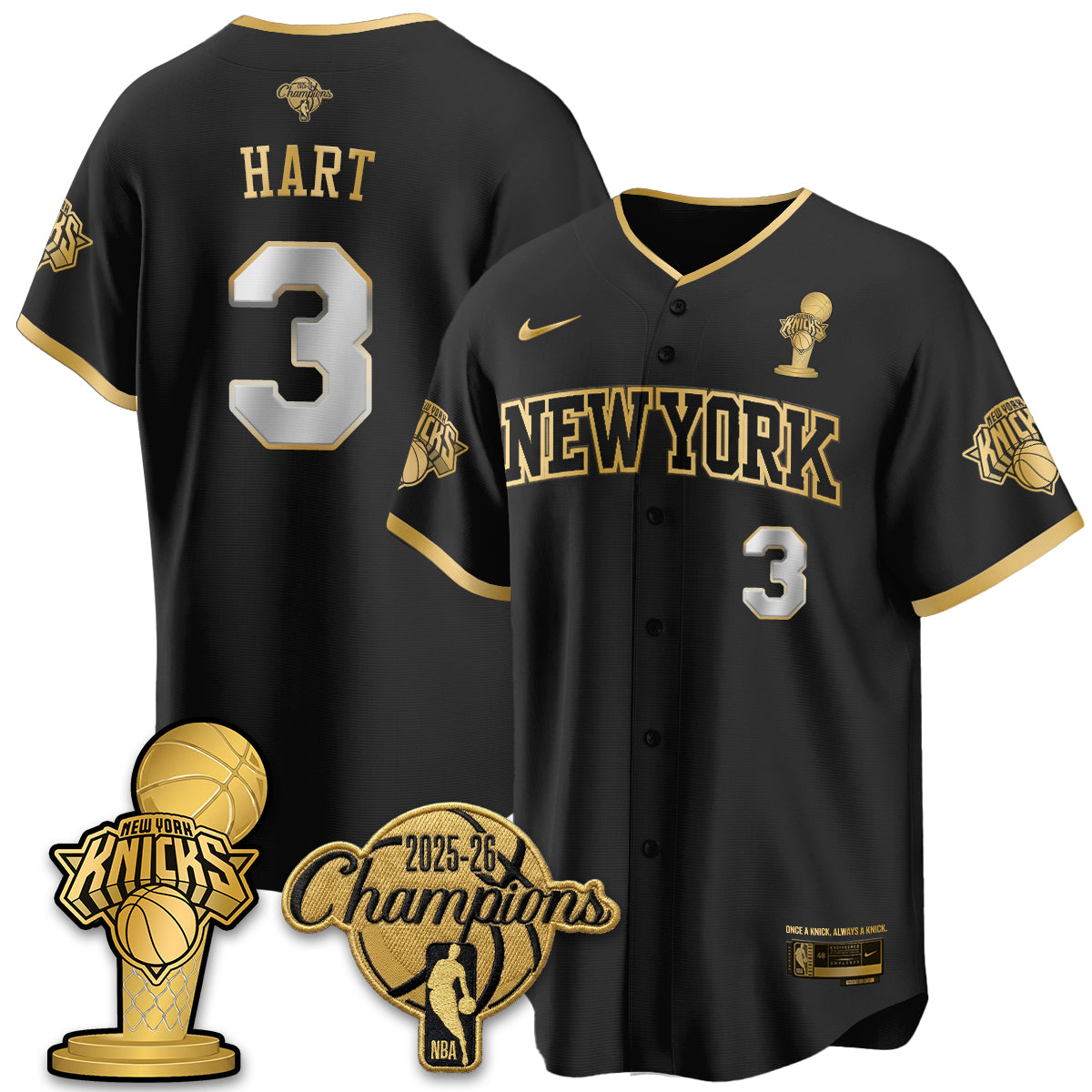 NYK 2026 NBA Champions Vapor Black Gold Jersey - Stitched