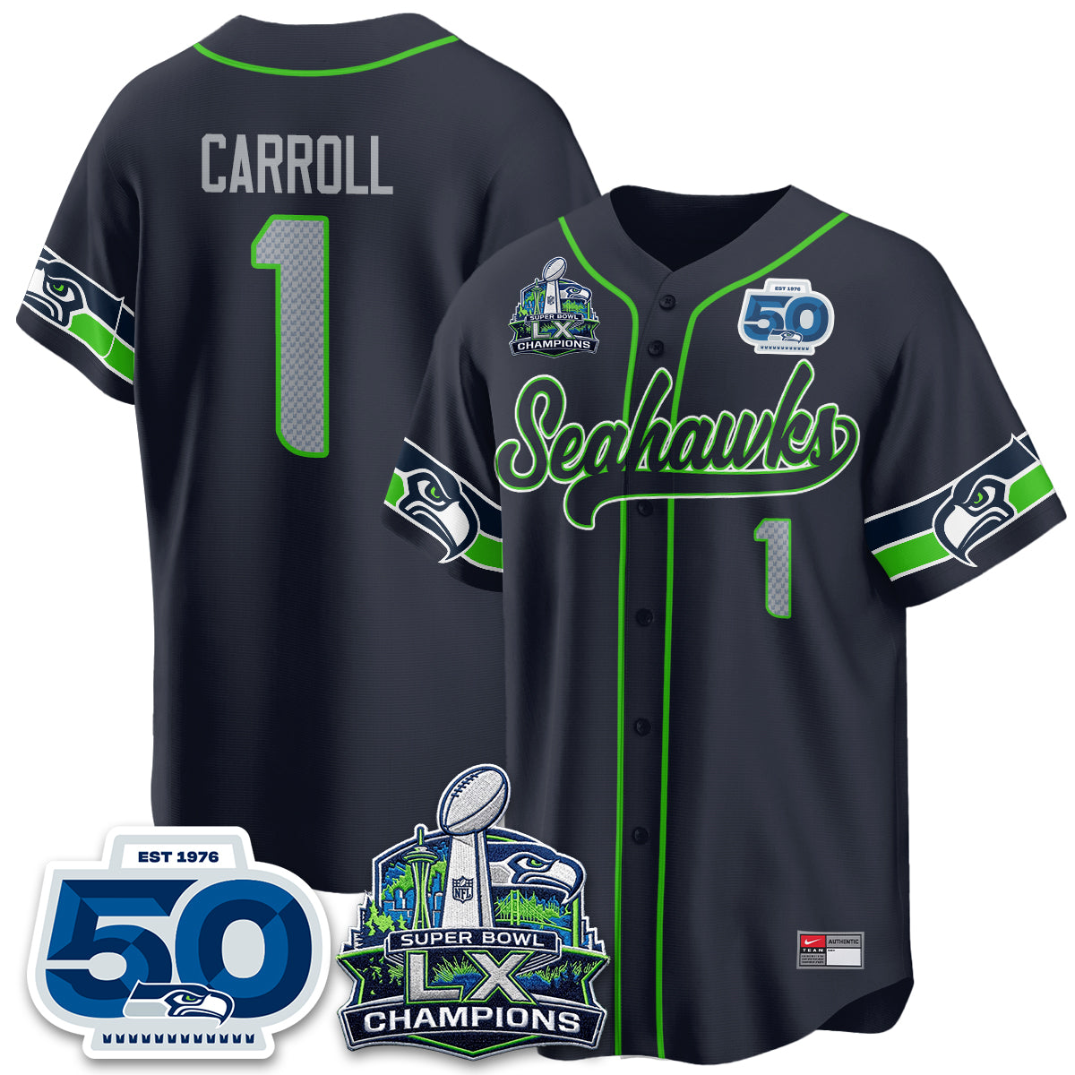 Seattle Seahawks SB LX Champs Vapor Baseball Jersey - Stitch