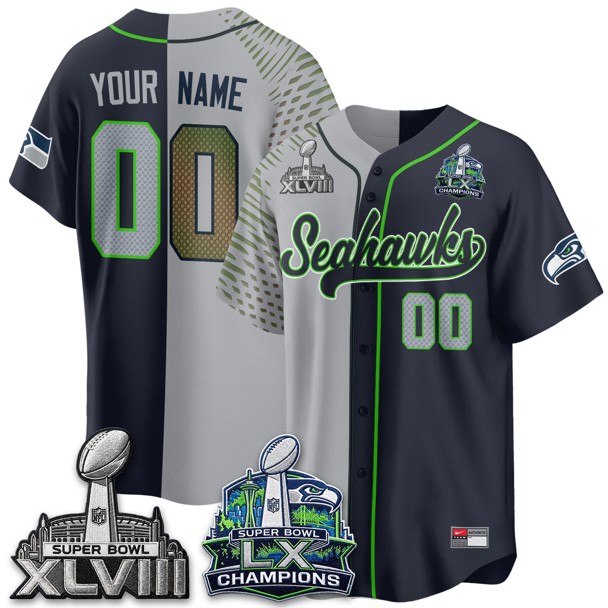 Seattle Seahawks S.Bowl Champs Split Baseball Custom Jersey V1- Stitched