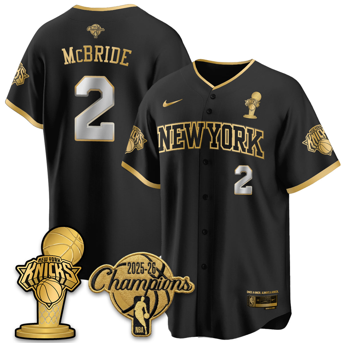 NYK 2026 NBA Champions Vapor Black Gold Jersey - Stitched