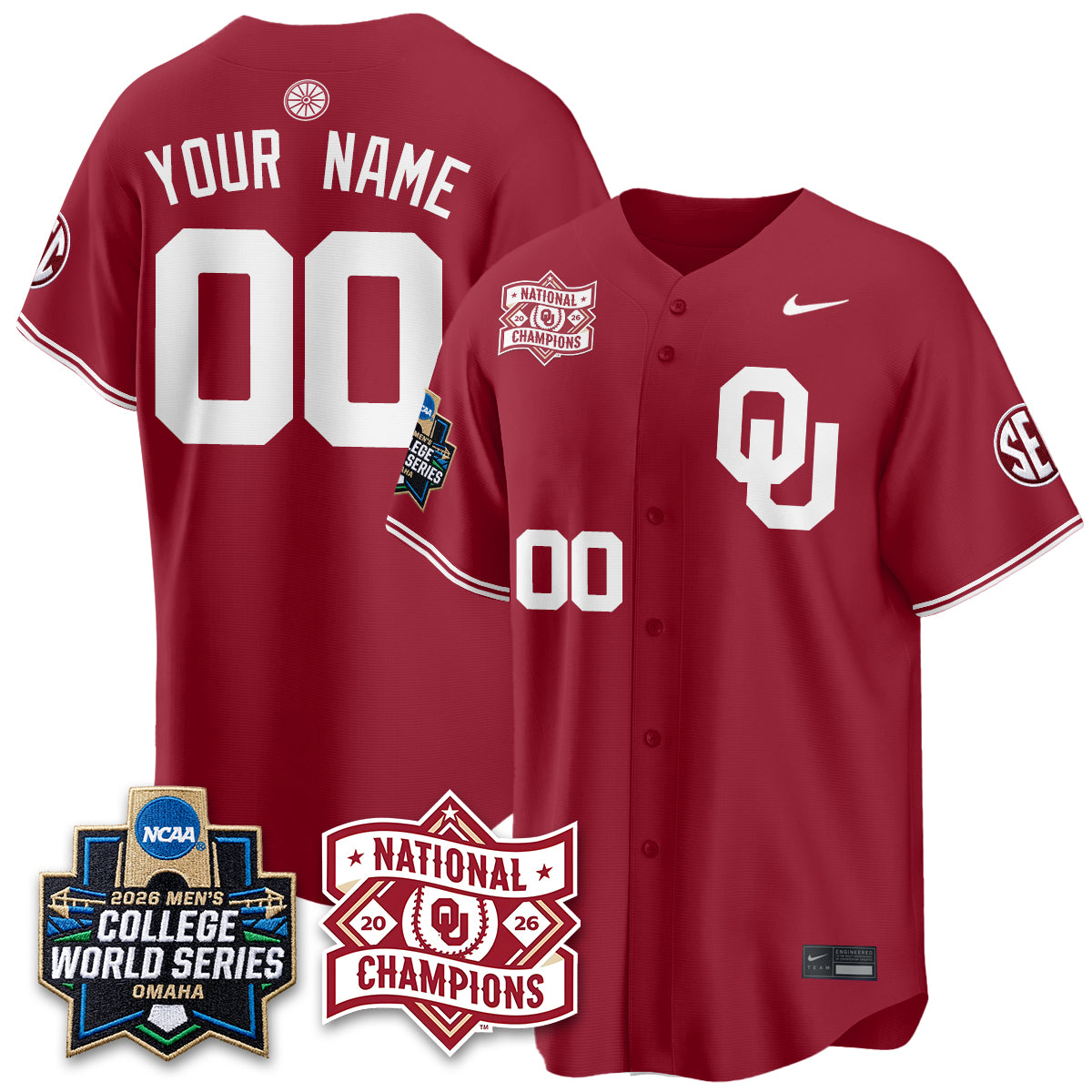 Oklahoma Sooners 2026 NCAA Baseball Men's College World Series Champions Vapor Custom Jersey - Stitched