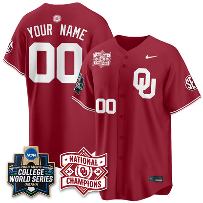 Oklahoma Sooners 2026 NCAA Baseball Men's College World Series Champions Vapor Custom Jersey - Stitched