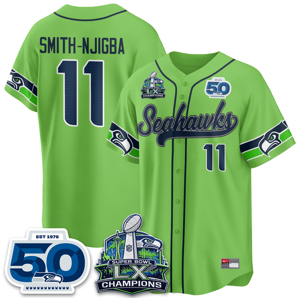 Seattle Seahawks SB LX Champs Vapor Baseball Jersey - Stitch