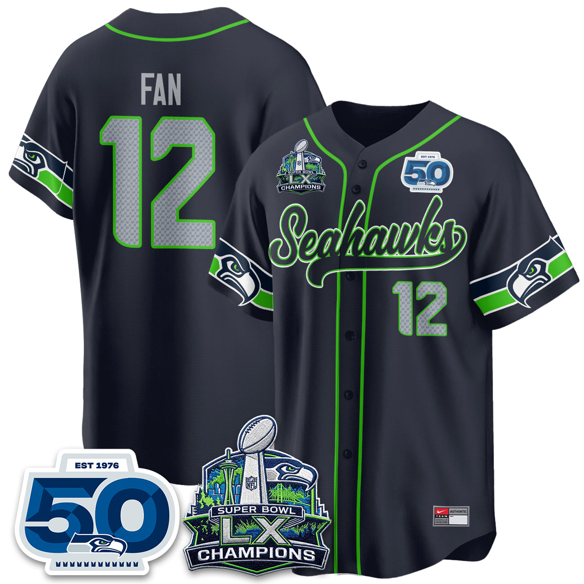 Seattle Seahawks SB LX Champs Vapor Baseball Jersey - Stitch