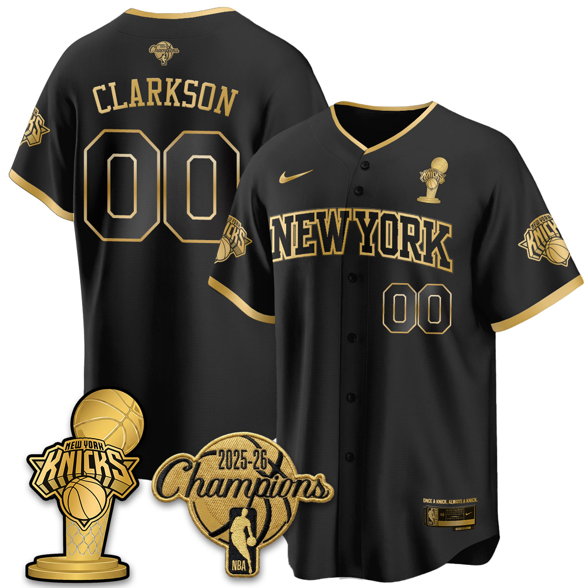 NYK 2026 NBA Champions Vapor Black Gold Jersey - Stitched