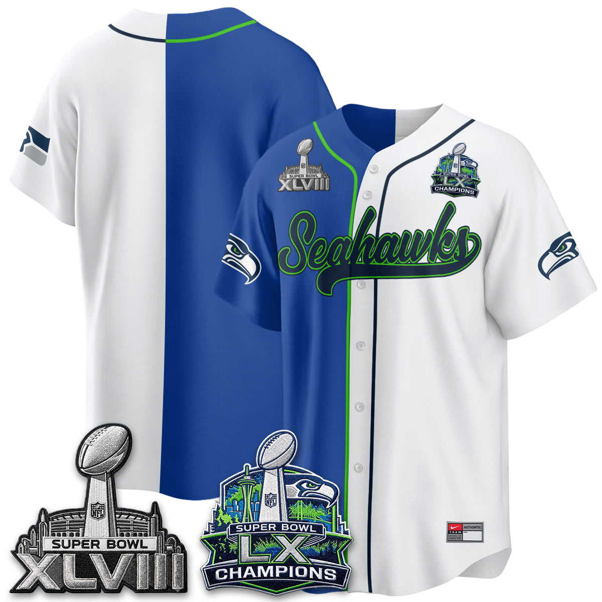 Seattle Seahawks S.Bowl Champs Split Baseball Custom Jersey V1- Stitched