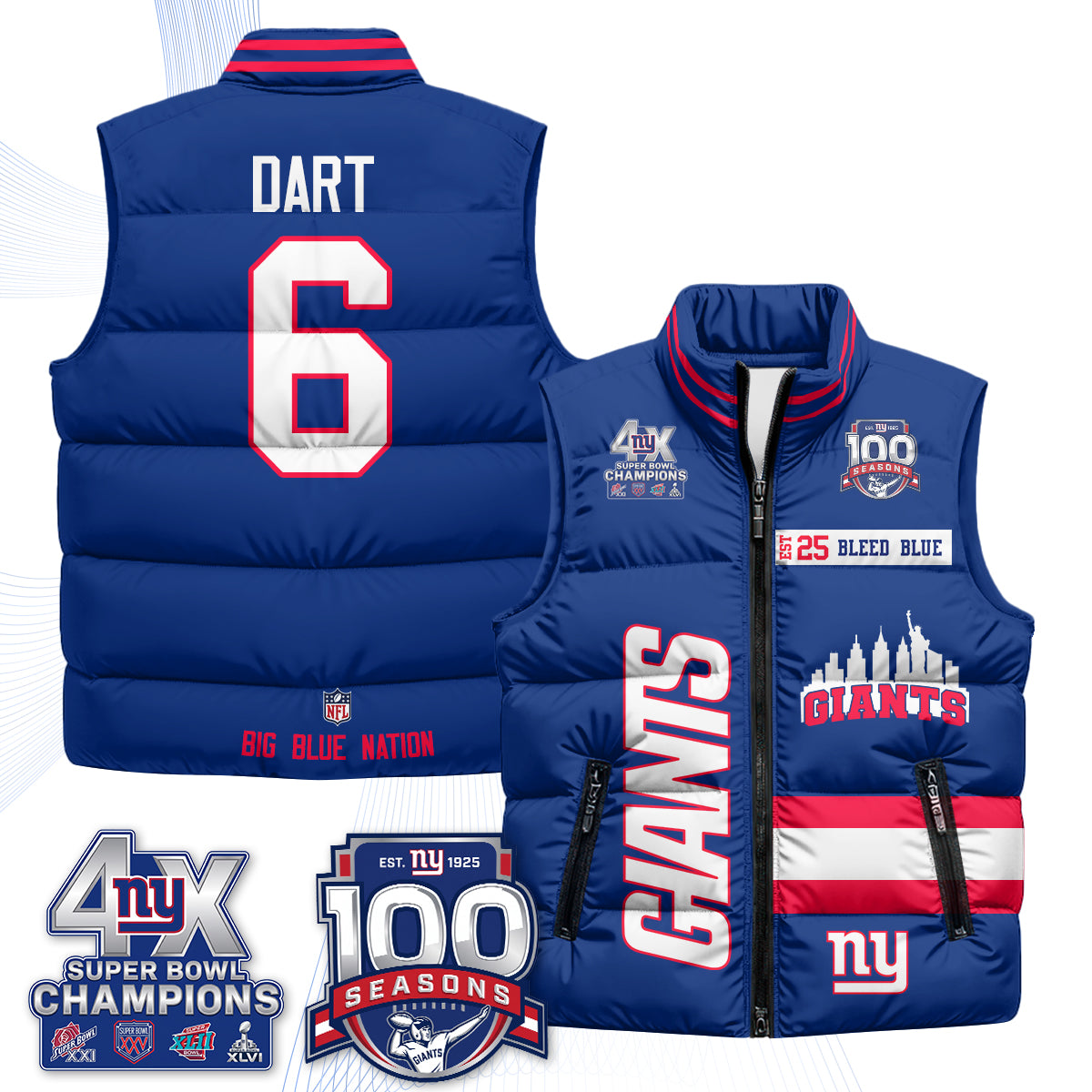 NYG 4X Champs S.Bowl Puffer Vest - Printed
