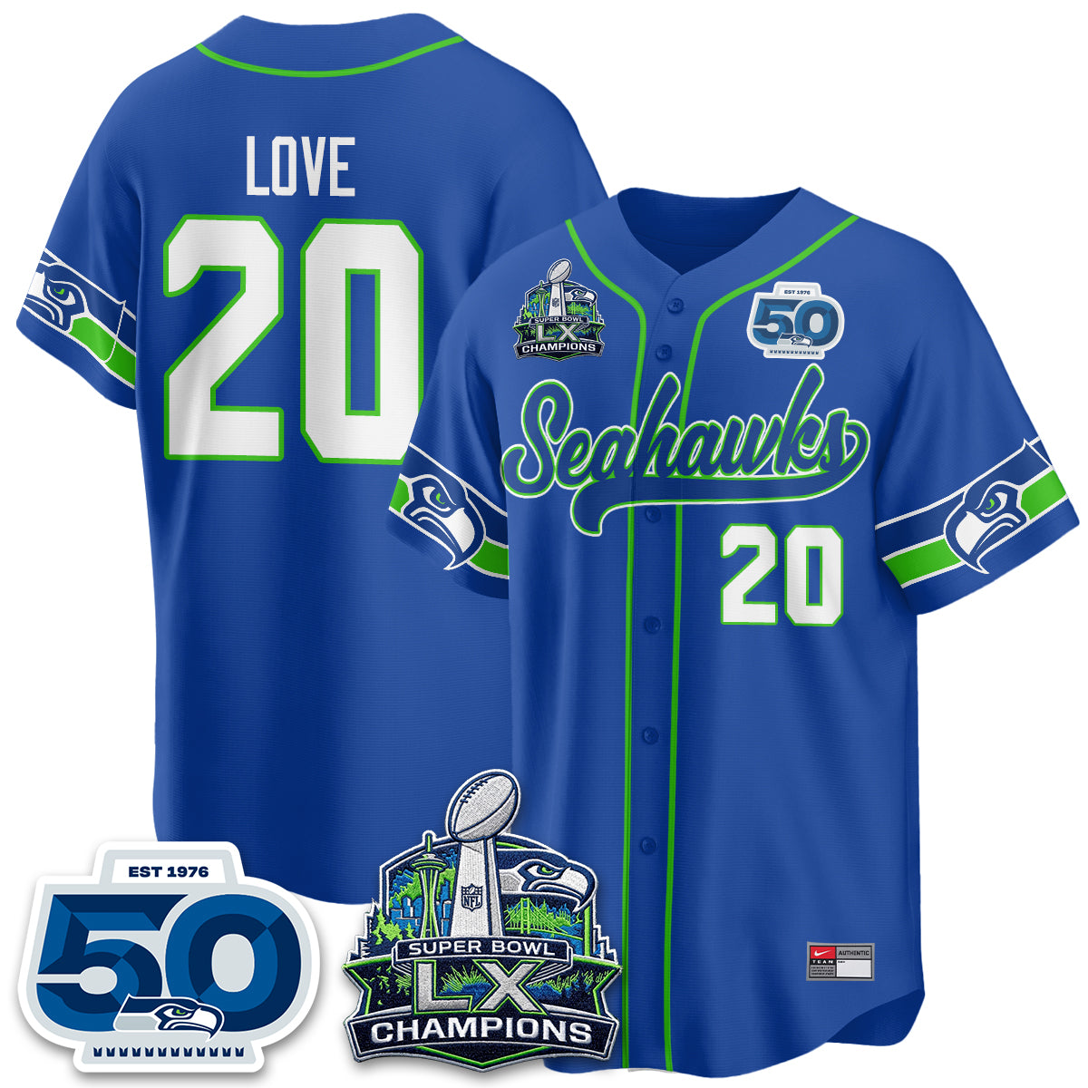 Seattle Seahawks SB LX Champs Vapor Baseball Jersey - Stitch