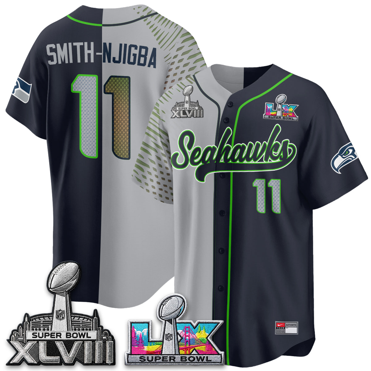 Seattle Seahawks S.Bowl Champs Split Baseball Vapor Jersey V2- Stitched