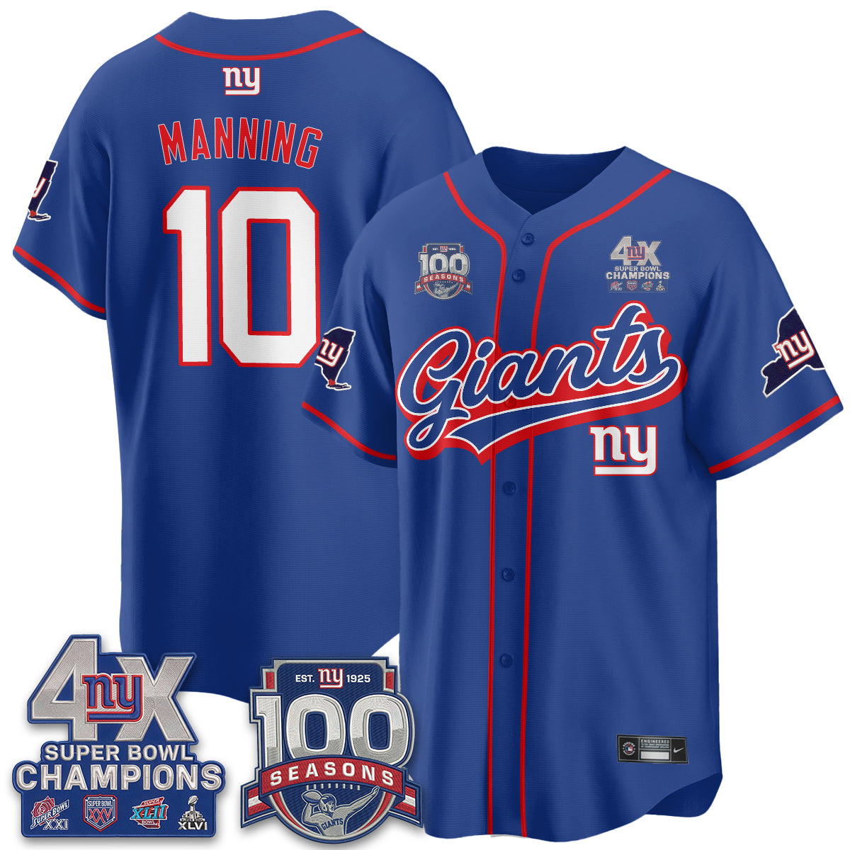 New York Giants 4X Champs & 100 Anniversary Vapor Baseball Jersey V2- Stitched