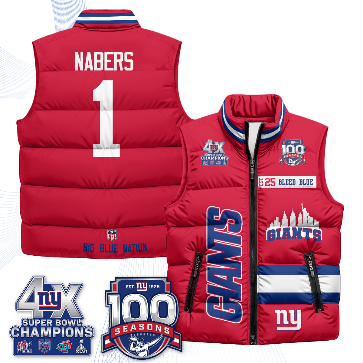 NYG 4X Champs S.Bowl Puffer Vest - Printed