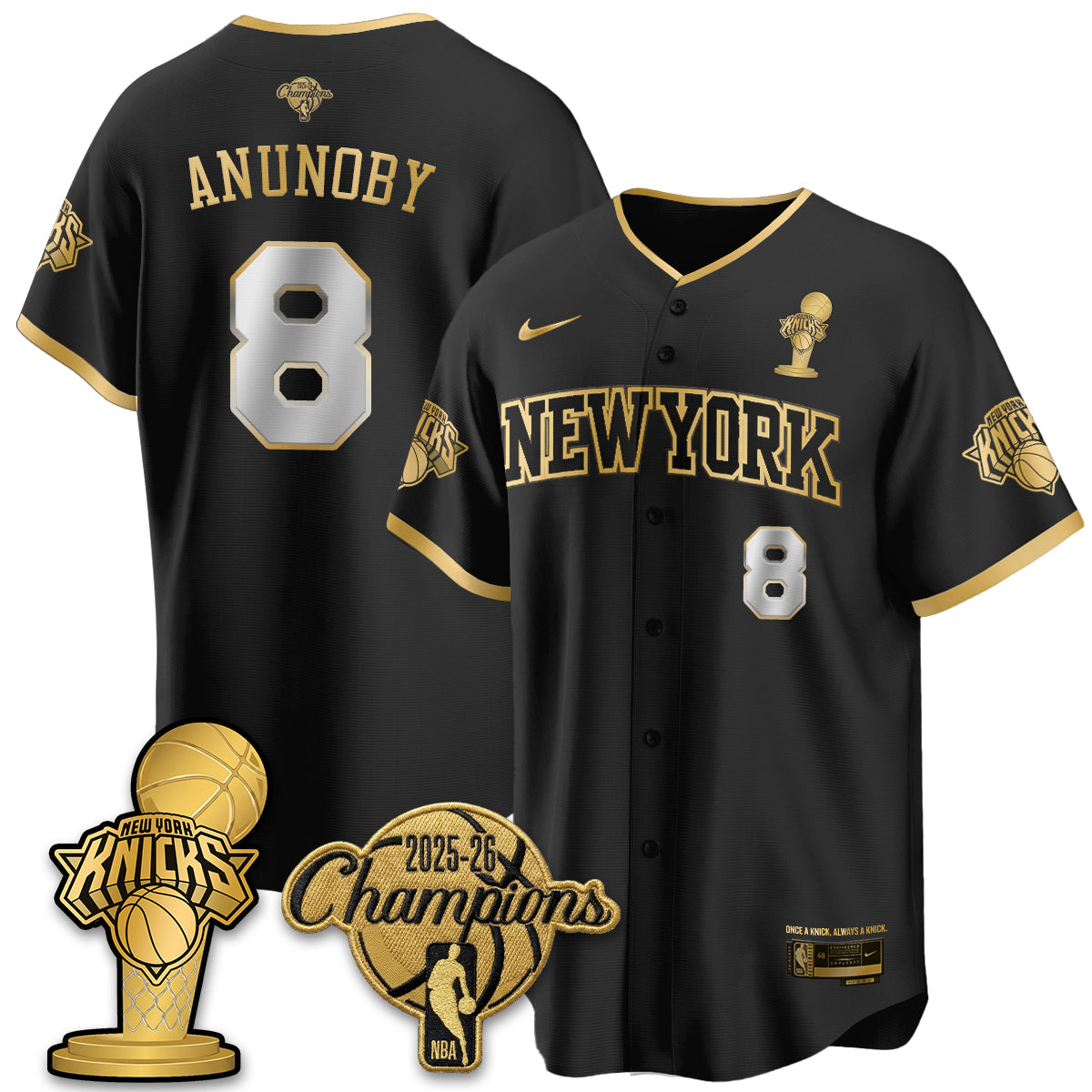 NYK 2026 NBA Champions Vapor Black Gold Jersey - Stitched