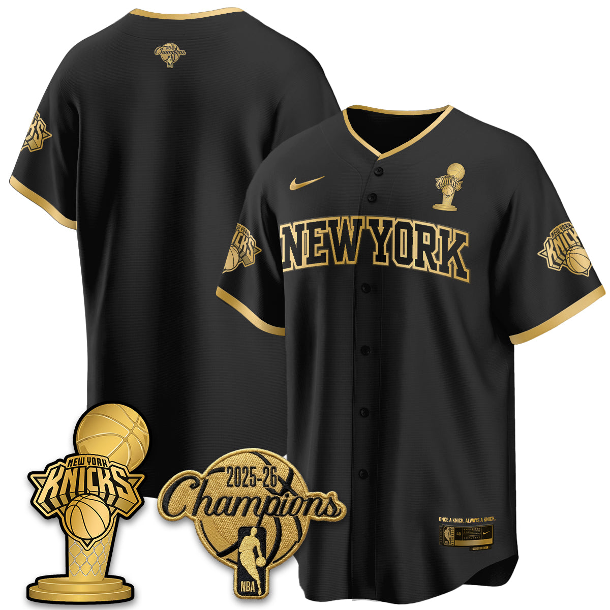 NYK 2026 NBA Champions Vapor Black Gold Jersey - Stitched