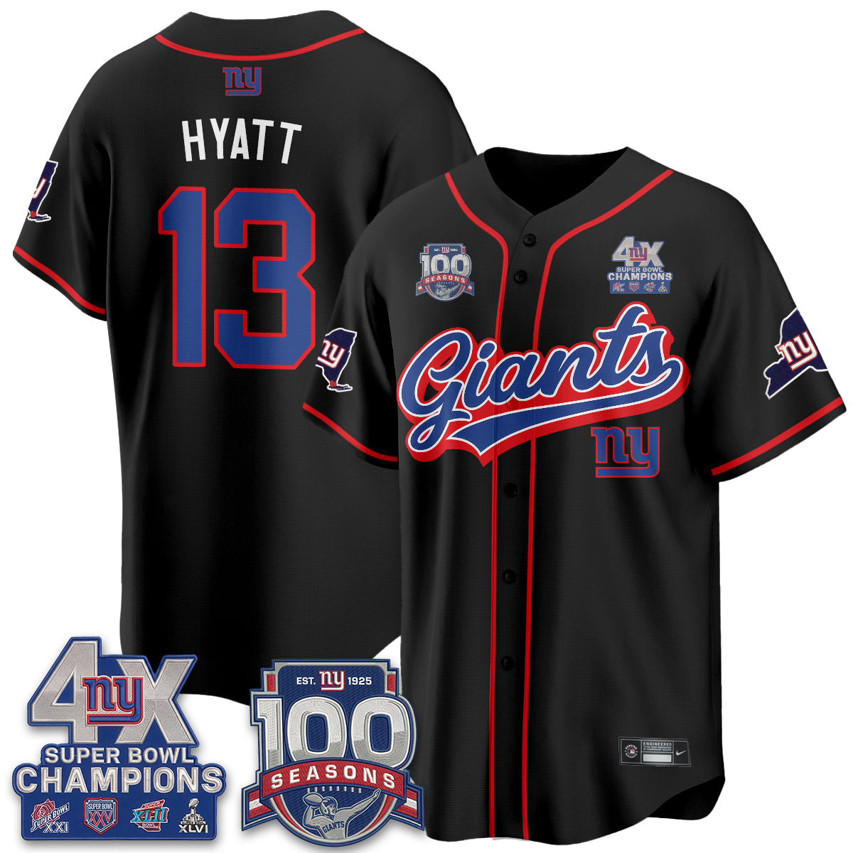 New York Giants 4X Champs & 100 Anniversary Vapor Baseball Jersey V2- Stitched