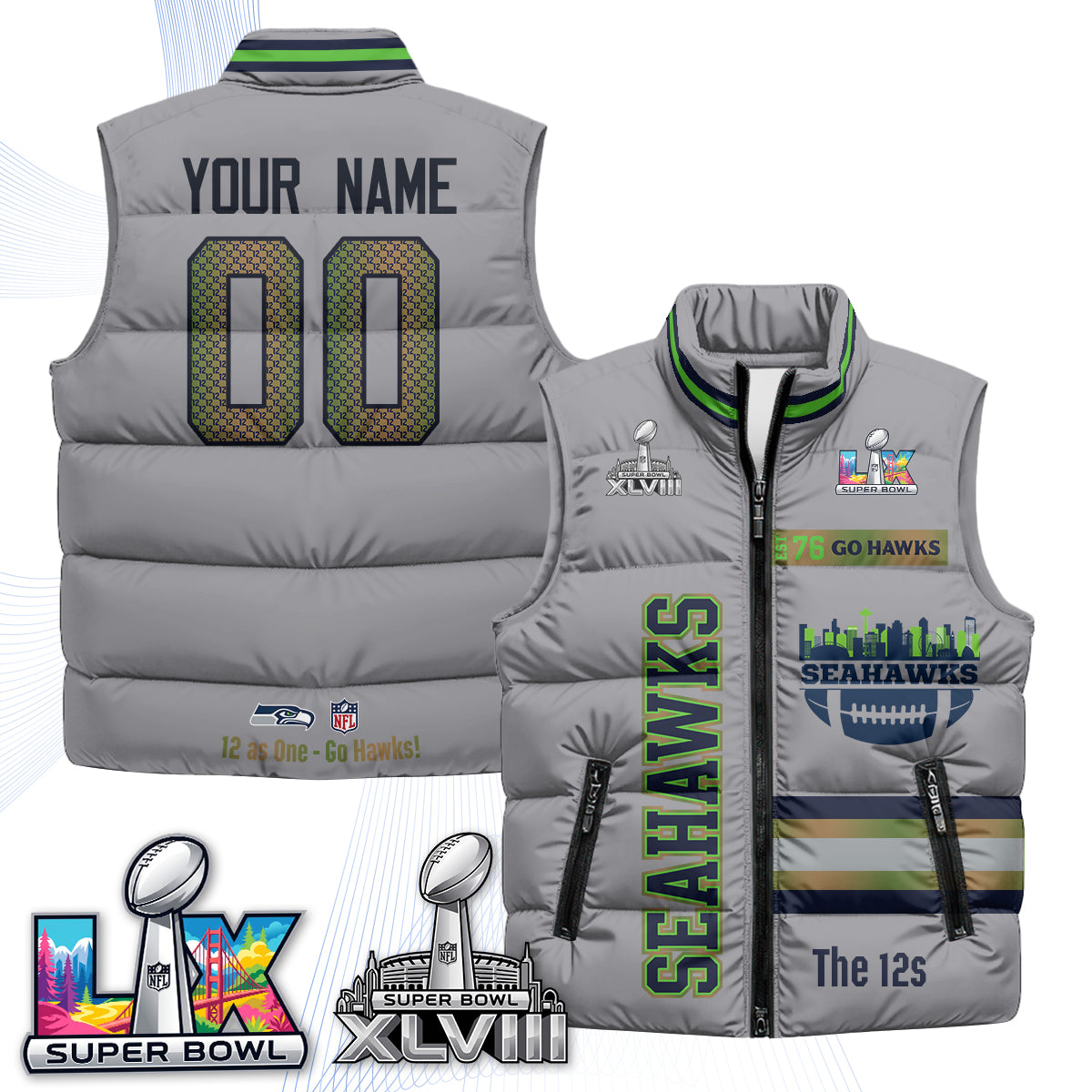 Seattle Seahawks "Go Hawks" Edition Custom Puffer Vest - Printed