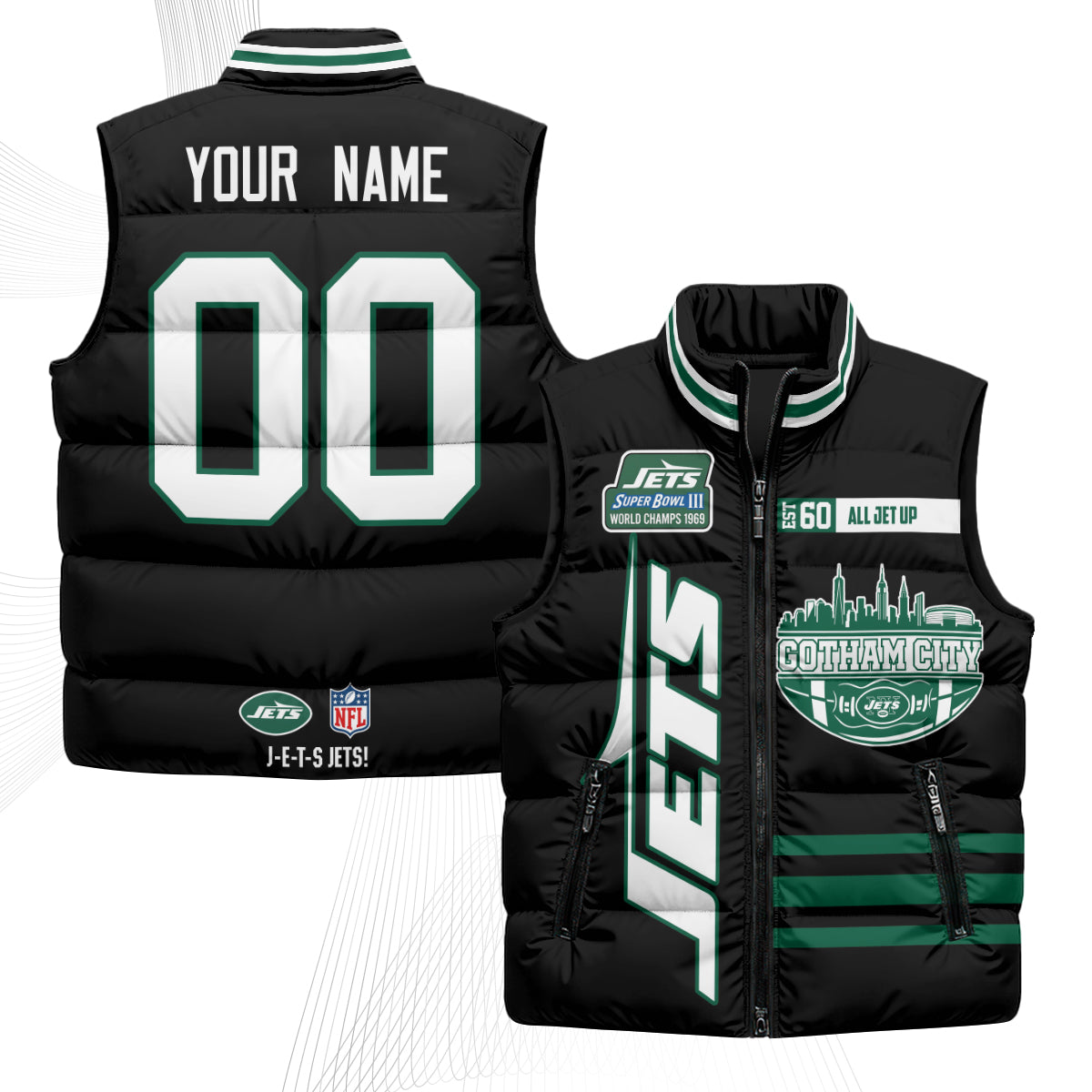 New York Jets Gotham City Custom Puffer Vest - Printed