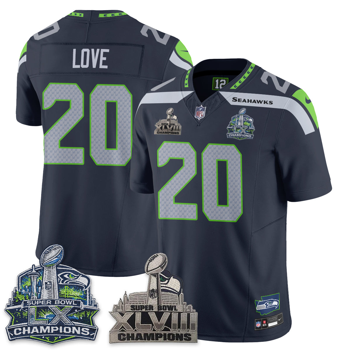 SEA S.Bowl Champions Patch Vapor Jersey - Stitched
