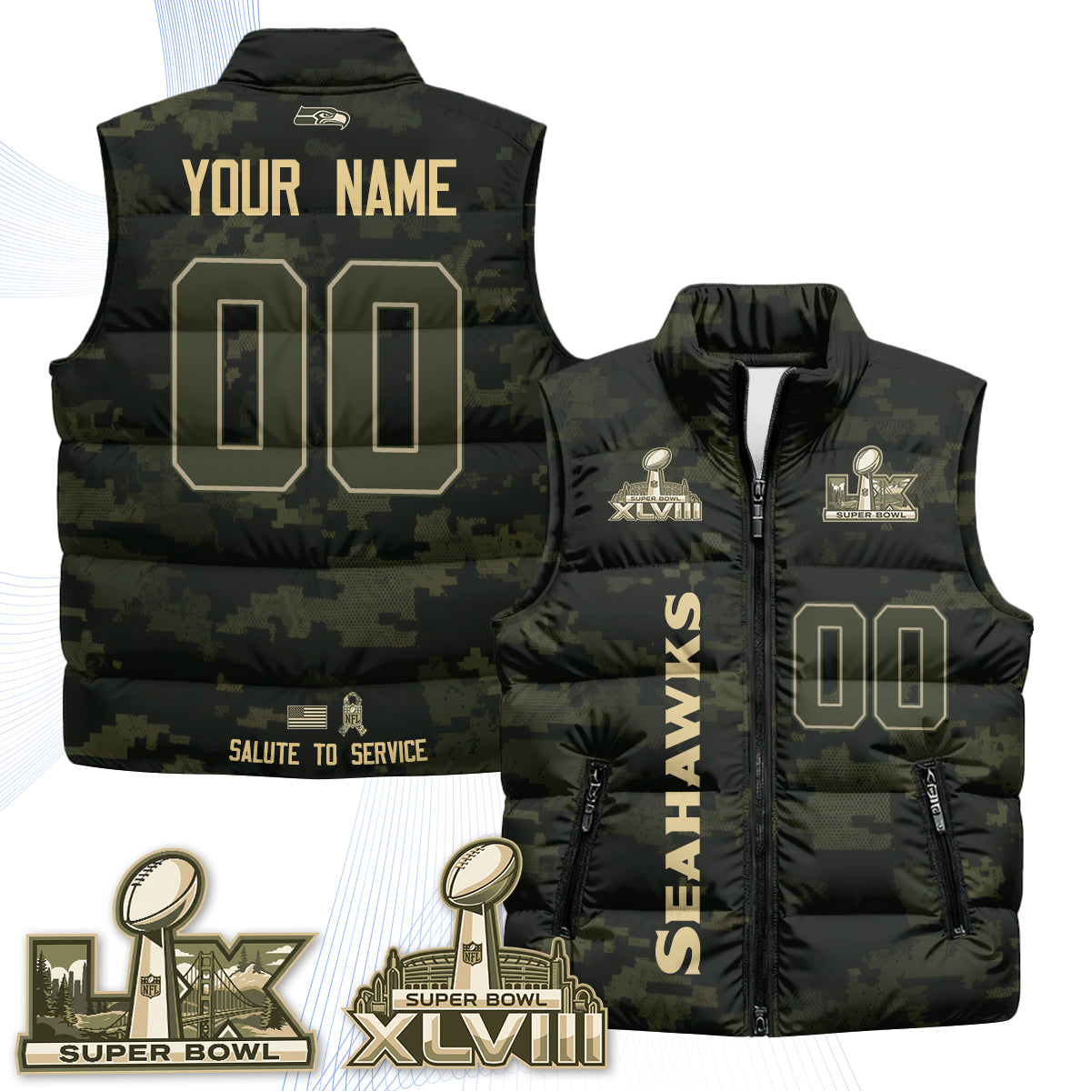 Seattle Seahawks 2026 Salute to Service Custom Puffer Vest - Printed