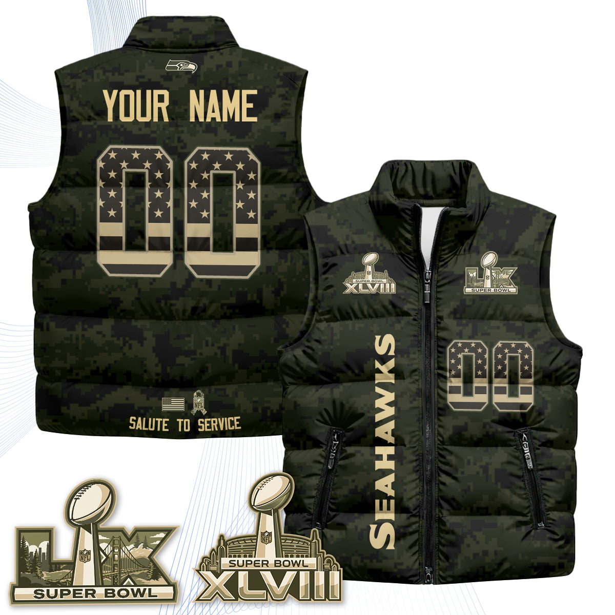 Seattle Seahawks 2026 Salute to Service Custom Puffer Vest - Printed