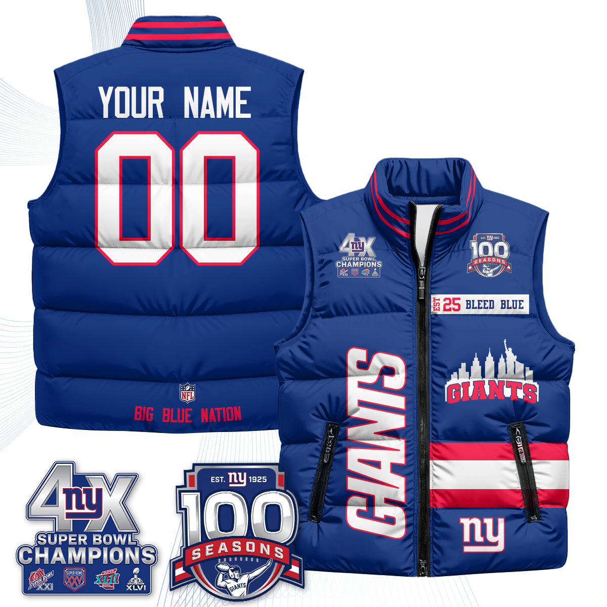 NYG 4X Champs S.Bowl Custom Puffer Vest - Printed