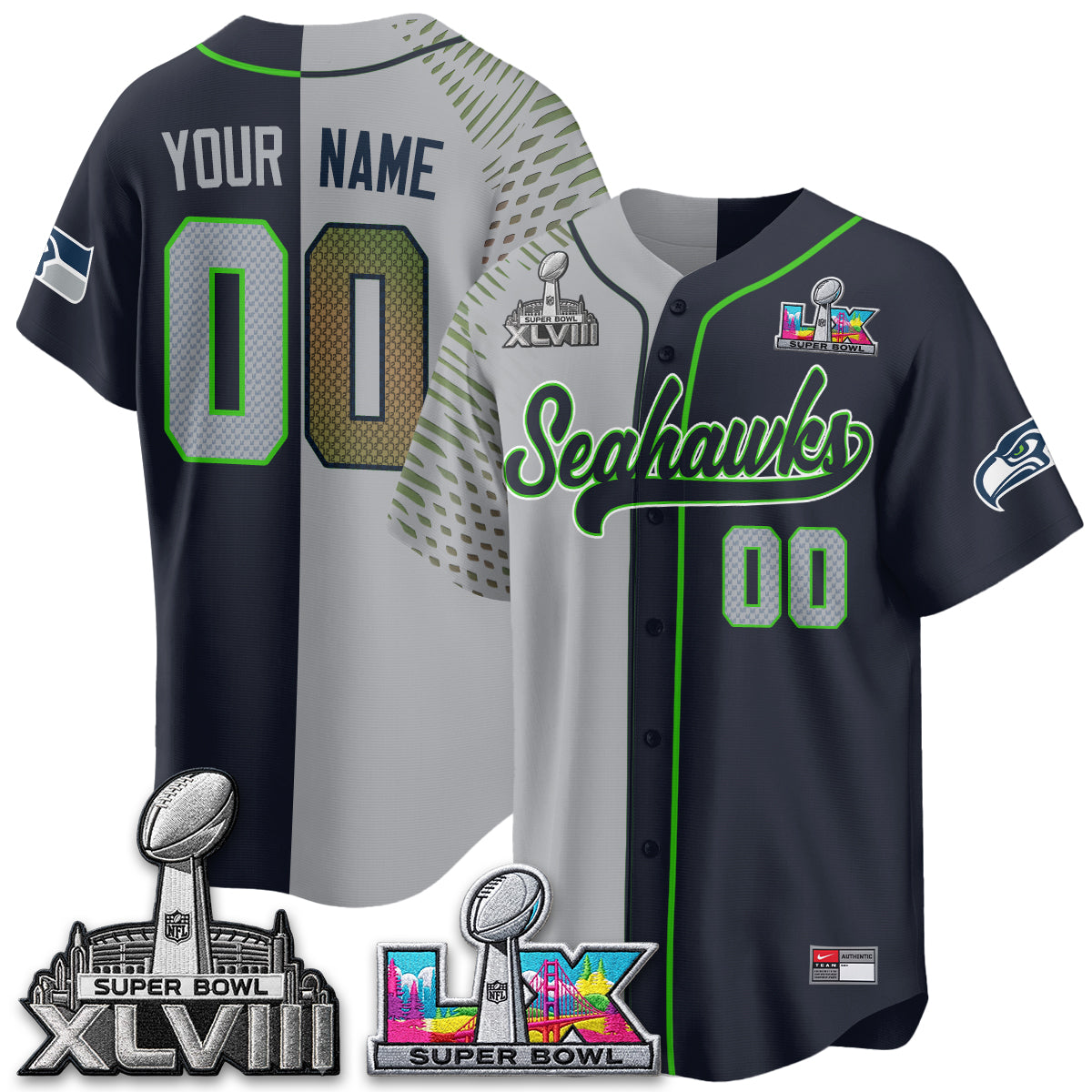 Seattle Seahawks S.Bowl Champs Split Baseball Custom Jersey V2- Stitched