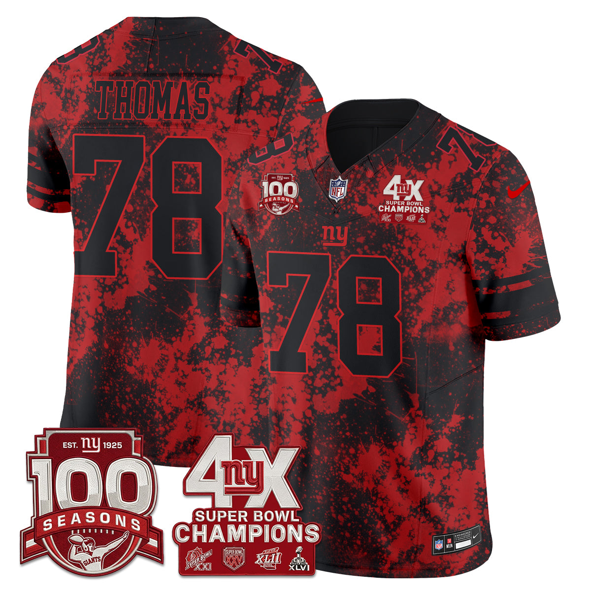 New York Giants 4X Champs Blood Splash Edition Vapor Jersey - Stitched
