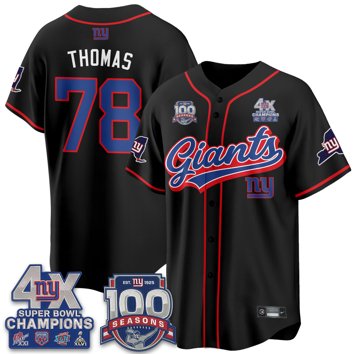 New York Giants 4X Champs & 100 Anniversary Vapor Baseball Jersey V2- Stitched